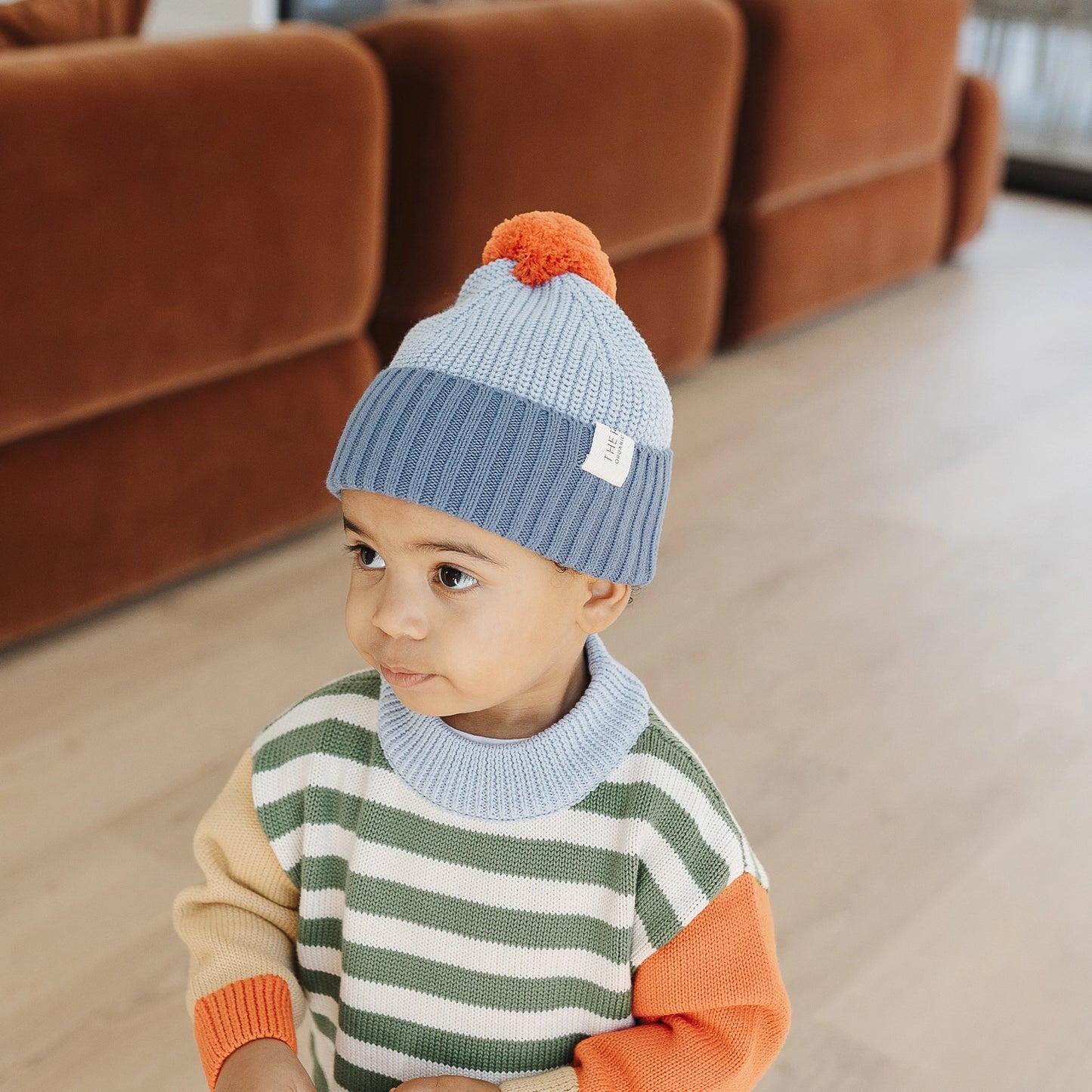 The Rest - Organic Cotton Chunky Colour Block Beanie - Navy Sky Tomato