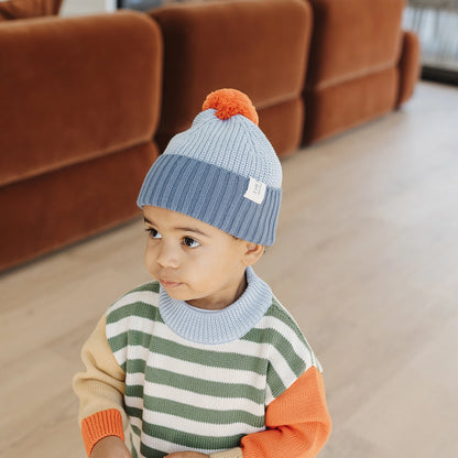 The Rest - Organic Cotton Chunky Colour Block Beanie - Navy Sky Tomato