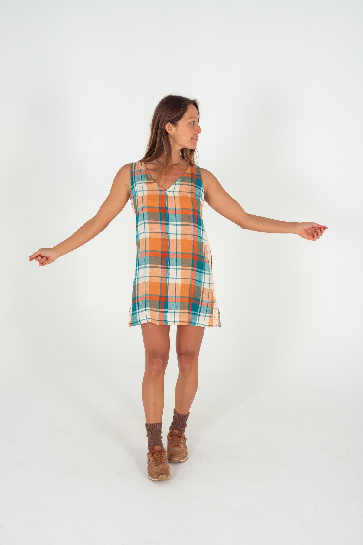 Atmosea - Karina V Neck Mini Dress in Citrus/ Teal Check