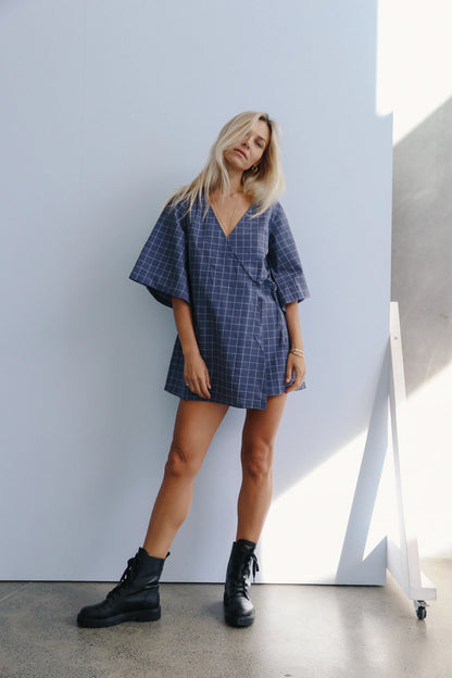 The Bare Road - Mia Wrap Mini Dress Indigo Plaid