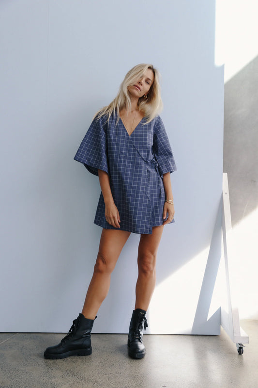 The Bare Road - Mia Wrap Mini Dress Indigo Plaid