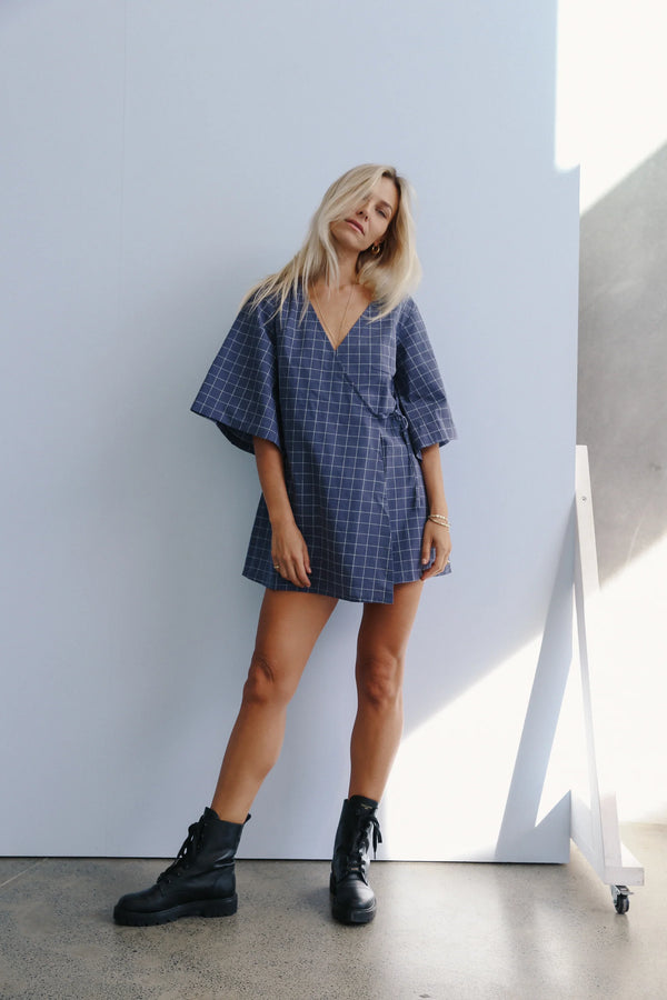 The Bare Road - Mia Wrap Mini Dress Indigo Plaid