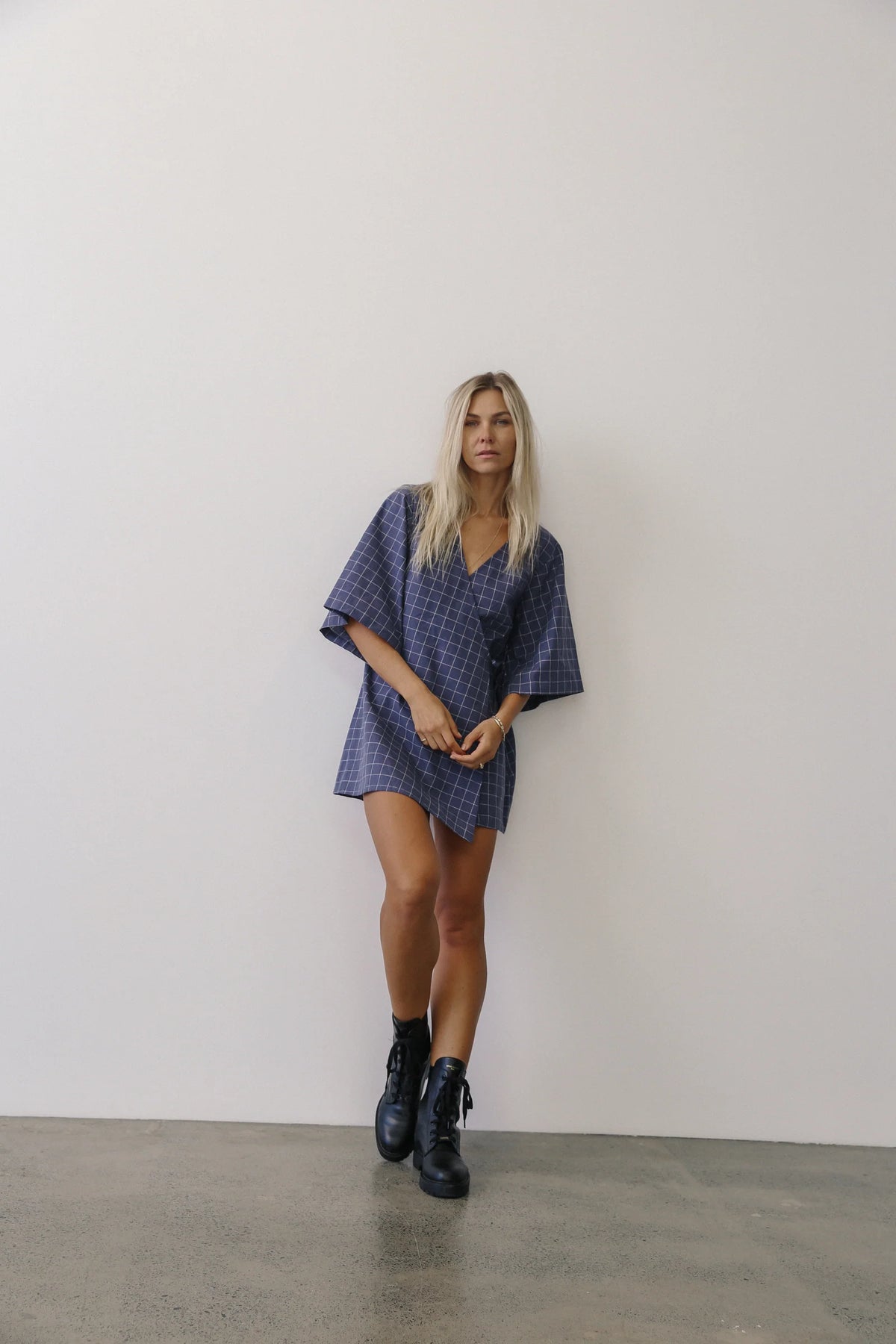 The Bare Road - Mia Wrap Mini Dress Indigo Plaid