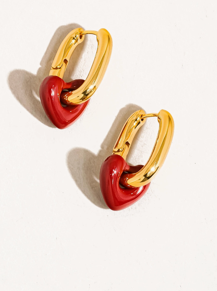 Lilou 18K Gold Red Heart Chain Earring