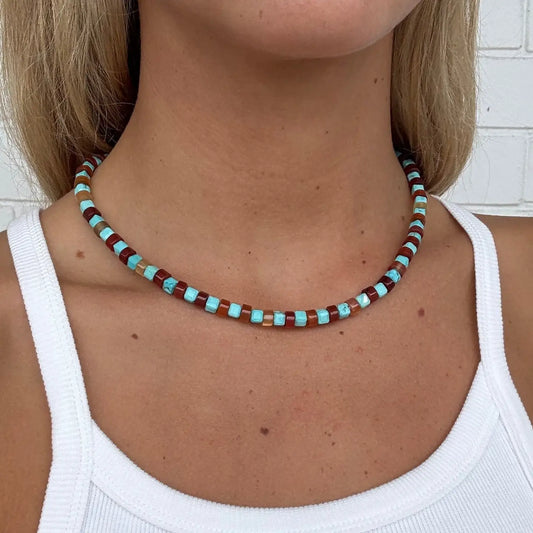 Turquoise and Red Aventurine Beaded Necklace